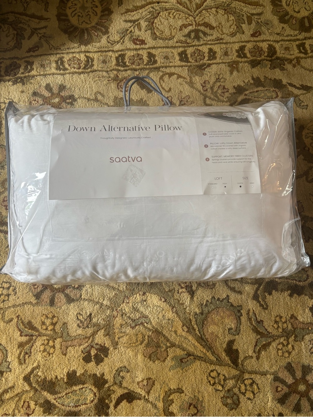 2 Saatva Down Alternative Pillow Queen High Loft White 100% Organic Cotton-NEW